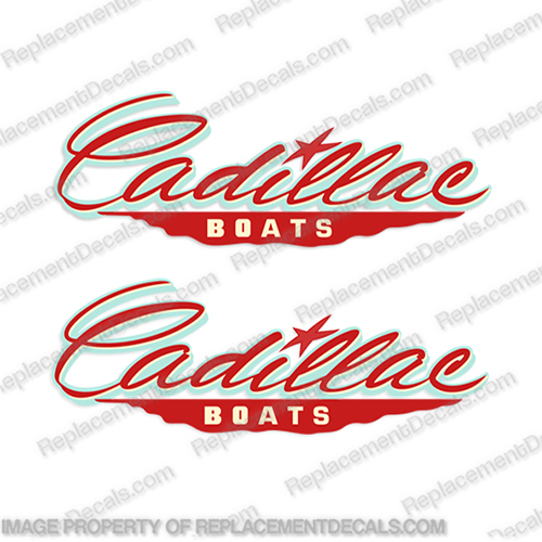 Cadillac Boat Decals - Red/Seafoam (Set of 2)   boat, logo, lettering, label, decal, sticker, ki, set, cadillac, caddy