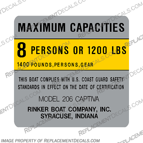 Rinker 206 Captiva Capacity Decal - 8 Person capacity, plate, sticker, decal, 8, person, rinker, 206, captiva, boat, limit, 