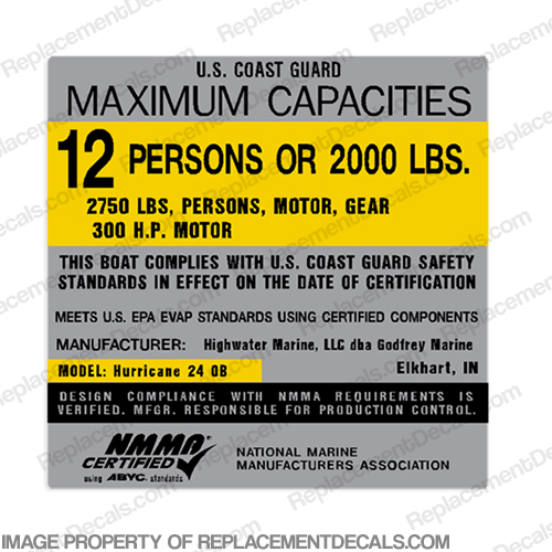 Hurricane 24 OB 12 Person Boat Capacity Plate Decal INCR10Aug2021