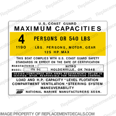 Nitro 170 DC Capacity Decal - 4 Person capacity, plate, sticker, decal, 170dc, INCR10Aug2021