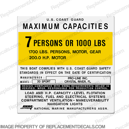 Proline 20 Sport Boat Capacity Decal - 7 person INCR10Aug2021