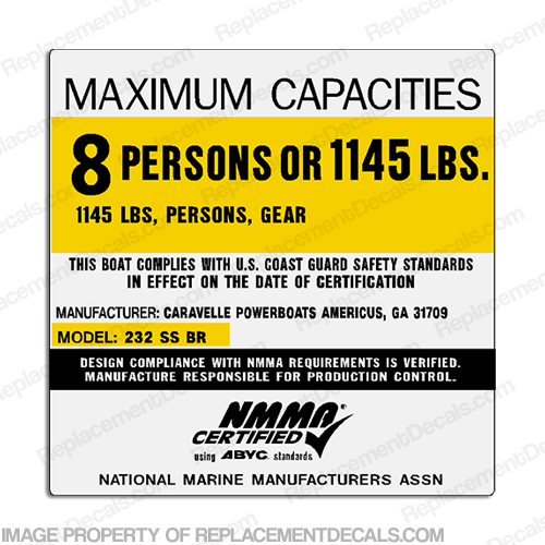 Caravelle 232 SS BR 8 Person Boat Capacity Plate Decal INCR10Aug2021