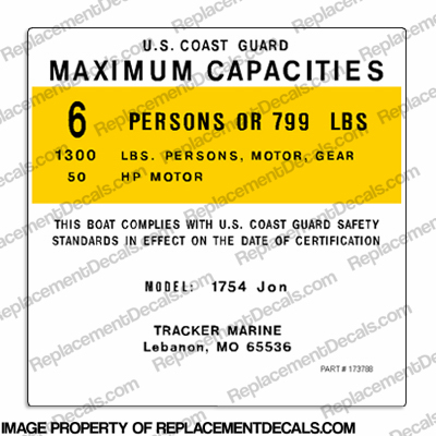 Tracker Marine 1754 Jon Capacity Decal - 6 Person INCR10Aug2021