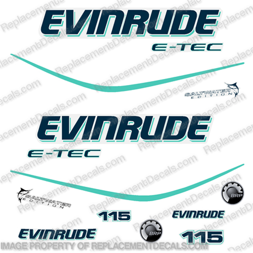 Evinrude 115hp E-Tec Decal Kit - Aqua - Blue evinrude, 115, e-tec, e tec, etec, aqua, agua, blue, decal, kit, decals, stickers, outboard, motor, engine, 