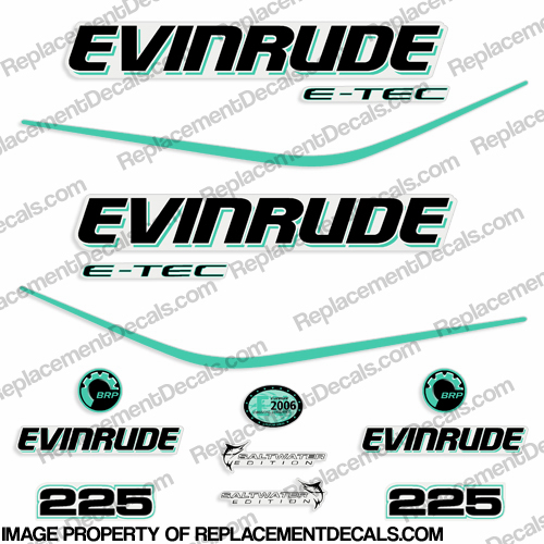 Evinrude 225hp E-Tec Decal Kit - Aqua etec, 225, evinrude, e, tec, e-tec, outboard, motor, decal, set, sticker, kit, INCR10Aug2021