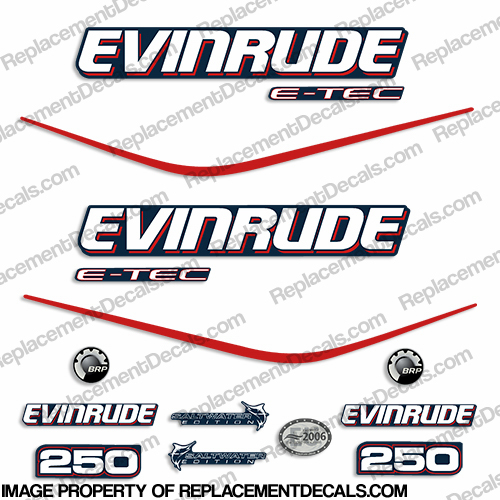 Evinrude 250hp E-Tec Decal Kit - Blue Cowl evinrude, decals, 250, 250hp, hp, e-tec, etec, saltwater, edition, black, cowl, 2004, 2005, 2006, 2007, 2008, 2009, decal, sticker, kit, set,