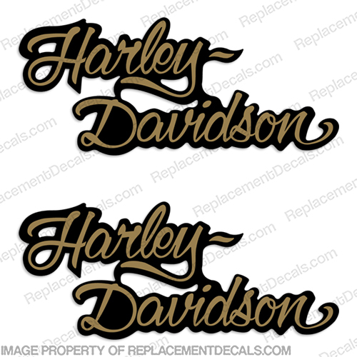 Harley-Davidson FXSTC Decals Gold / Black (Set of 2) - Fuel Tank Decal  1986 Harley-Davidson, fxstc, Decals,  black, (Set of 2), 14471, Harley, Davidson, Harley Davidson, soft, tail, 1995, 1996, 96, softtail, soft-tail, softail, harley-davidson, Fuel, Tank, Decal, INCR10Aug2021