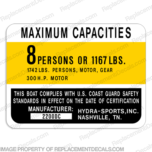Hydra-Sports 2200DC Capacity Decal - 8 Person  capacity, plate, sticker, decal, hydra, sports, hydro, sport, dc, vector, INCR10Aug2021