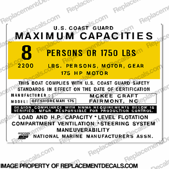 McKee Craft 176 Offshoreman 8 Person Boat Capacity Plate Decal INCR10Aug2021