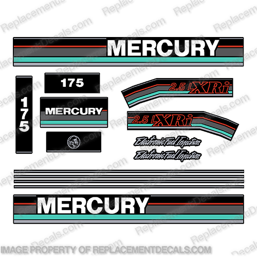 Mercury 1991 1992 1993 1994 1995 175hp 2.5 Liter XRi Outboard Engine Motor Decal Set Aqua mercury, 175, 1991, 1992, 1993, 1994, 1995, XRi, aqua, outboard, motor, engine, decal, sticker, kit, set, 