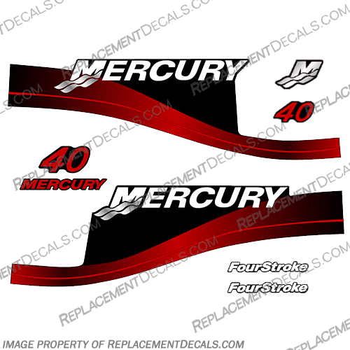 Mercury 40hp 4-Stroke Decal Kit 2000-2005 (Red)  mercury, 40, 4-stroke, 4stroke, four, stroke, 2000, 2001, 2002, 2003, 2004, 2005, 803641A00, outboard, motor, engine, cowling, decal, kit, new