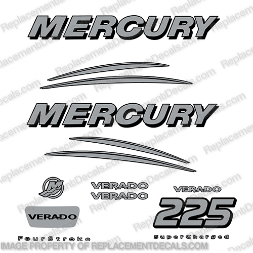 Mercury Verado 225hp Decal Kit - Silver merc, mercury, verado, outboard, engine, motor, decal, sticker, kit, set, decals, mercury, 225, 225 hp, horsepower, 225hp, 1998, 1999, 2000, 2001, 2002, 2003, 2004, 2005, 2006, 2007, 2008, 2009, 2010, 2011, 2012, 2013, 2014, 2015, 2016, 2017, 2018, 2019electronic, fuel, injection, INCR10Aug2021
