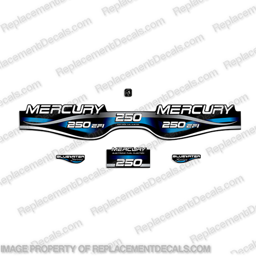 Mercury 250hp EFI Fuel Injection Bluewater Series Decal Kit (Blue)   merc, mercury, blue, water, fuel, injection, 250 3l, 3.0l, 3.0, liter, 2.5, 2l, outboard, engine, motor, decal, sticker, kit, set, decals, mercury, 150, 150 hp, horsepower, 150hp, 1998, 1999, 2000, 2001, 2002, 2003, 2004, 2005, 2006, 2007, 2008, 2009, 2010, electronic, fuel, injection, INCR10Aug2021