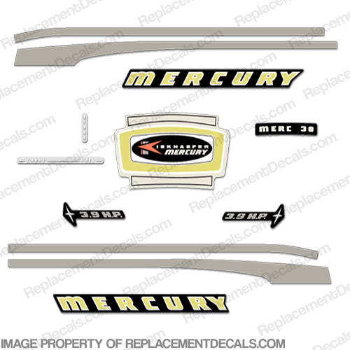 Mercury 1965 3.9HP Outboard Engine Decals mercury, 1965, 3.9, 3.9hp, 3.9 hp, outboard, vintage, decals, stickers, kit