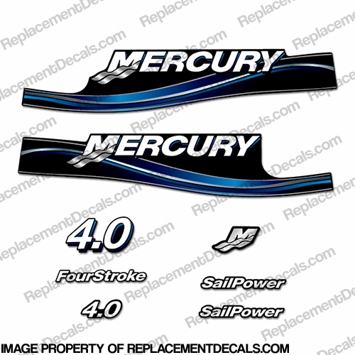 Mercury 4.0hp Four Stroke Decal Kit - Blue mercury, 4hp, 4.0, 4 hp, 4.0hp, hp, 4, 6, fourstroke, sail power, sailpower, motor, engine, decals, 4s, 4-stroke, 4 stroke, stroke, sail, power, INCR10Aug202121