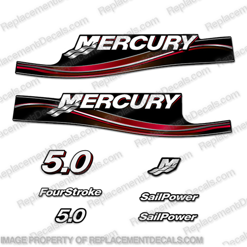 Mercury 5hp 5.0 Outboard Decal Kit 2005 - 2009 - Red 5, 5.0,  hp, 2 stroke, outboard, motor, engine, decal, sticker, kit, set, 2005, 2006, 2007, 2008, 2009, INCR10Aug2021