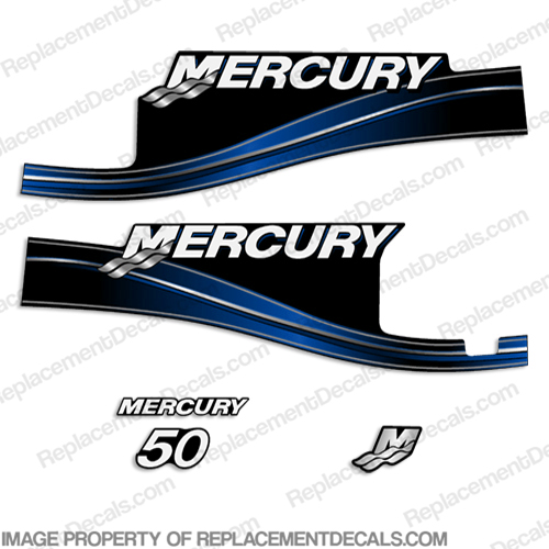Mercury 50hp 2 Stroke Decal Kit (Blue) 2005 - 2009 with Oil Window 50 hp, 2 stroke, 2005, 2006, 2007, 2008, 2009, oil window, 2-stroke, 05, 06, 07, 08, 09, INCR10Aug2021