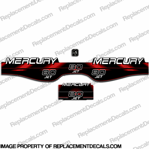 Mercury 80hp JET Decal Kit - 1994 - 1999 mercury, 1994, 1995, 1996, 1997, 1998, 1999, decal, decals, kit, set, stickers, outboard, 80, 80hp, 80 hp, red, 