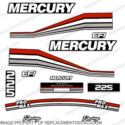 Mercury 225 Pro Max Efi Racing Racing Partial Decals 94-97 - Custom Red/Silver mercury, pro, max, 225, 225hp, 225 hp, efi, racing, partial, full, decals, kit, outboard, stickers, custom, red, silver, 