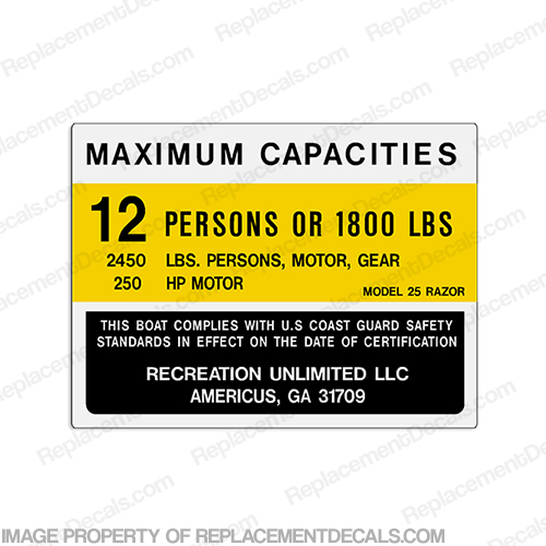 Recreation Unlimited 25 Razor Capacity Decal - 12 Person capacity, plate, sticker, decal, INCR10Aug2021