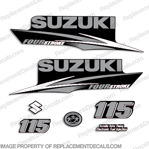 Suzuki 115hp Decal Kit - Custom Silver/White suzuki, df, 115, 115hp, 2010, 2012, 2013, 2014, 2015, outboard, engine, decal, sticker, kit, set, INCR10Aug2021