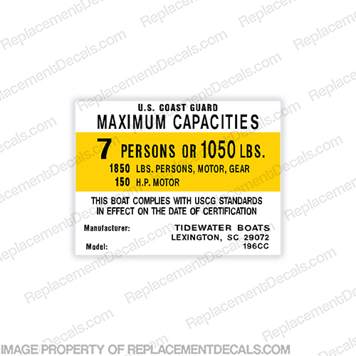 Tidewater Boats 198CC 7 Person Capacity Decal 198, CC, INCR10Aug2021