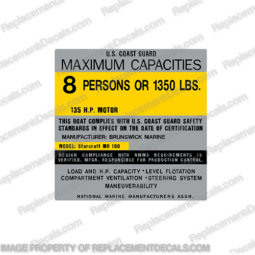 Starcraft MR 190 Brunswick Marine Boat Capacity Decal - 8 Person  capacity, plate, sticker, decal, star, craft, starcraft, brunswick, marine, manufacturing, 8, mr, 190, century, person, persons, 