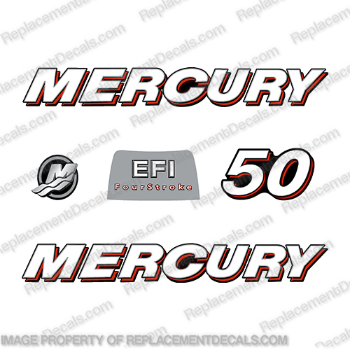 Mercury 50hp 4-Stroke EFI Decal Kit - 2006-2012 (Straight) 2006, 2012, mercury, 50, straight, boat, decals, motor, engine, outboard, kit