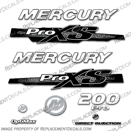 Mercury 200hp ProXS 2013+ Style Decals - White/Black pro xs, optimax proxs, optimax pro xs, optimax pro-xs, pro-xs, 200, 200hp, 200 hp, hp, horsepower, white, black, white/black,