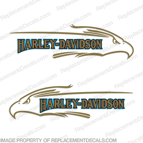 Harley Davidson FXD Eagle Gold Blue Gas Tank Decals (Set of 2)   harley, harley davidson, harleydavidson, harley_davidson_fat_boy_fxef_1985 silver, fuel, fsxe, fat, boy, fxd, blue, gold, eagle, head, logo, emblem, tank, fuel, decal, sticker, INCR10Aug2021