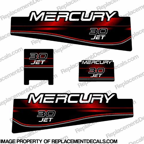 Mercury 30hp JET Decal Kit - 1994 - 1999 mercury, 1994, 1995, 1996, 1997, 1998, 1999, decal, decals, kit, set, stickers, outboard, 30hp, 30 hp, 30, hp, 