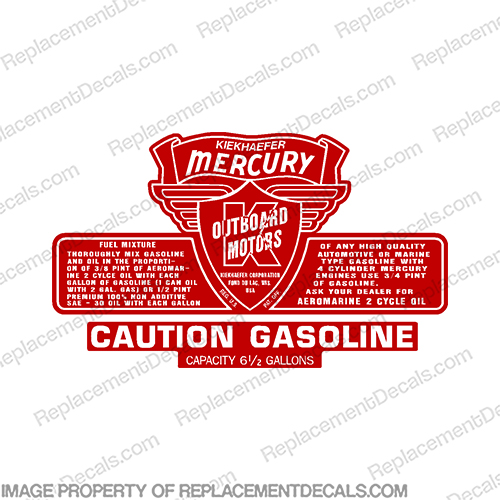 Mercury Kiekhaefer 1953-1956 6 1/2  Gallon Gas Tank Decal  Mercury, Kiekhaefer, 1953, 1954, 1955, 1956, 6, 1/2, .5,six, and, half, Gallon, fuel, Gas, Tank, Decal, label, INCR10Aug2021