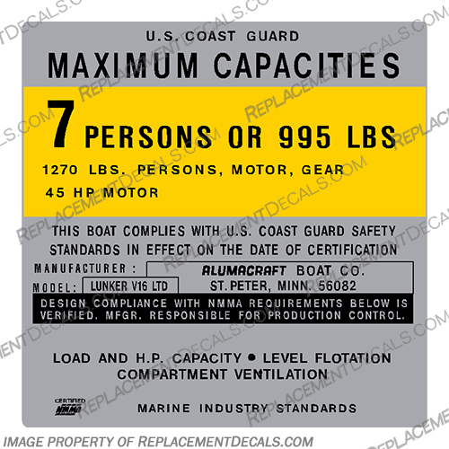 Alumacraft Lunker V16 LTD Boat Capacity Decal - 7 Person aluma craft, Lunker, 16, SS, Alumacraft, Boat, Capacity, Decal, Decals, 7, person, 995, pounds