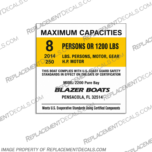 Blazer Boats 2200 Pure Bay 8 Person Decal capacity, plate, sticker, decal, Balzer, Boat, Boats, 2200, Pure, Bay, 8, Person, People, 