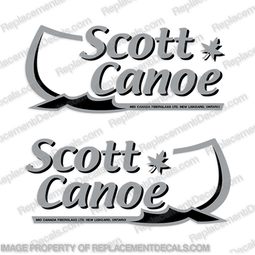 Scott Canoe Boat Decals - Black/Silver (Set of 2)  boat, logo, lettering, label, decal, sticker, kit, set, cadillac, scott, canoe, 