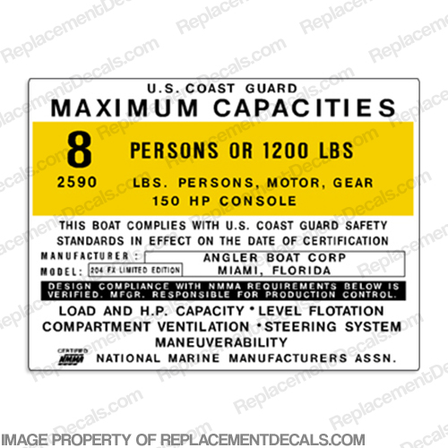 Angler 204 FX Capacity Decal - 8 Person capacity, plate, sticker, decal, 204fx, 204-fx, INCR10Aug2021