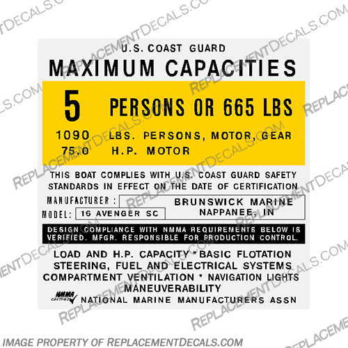 Brunswick Marine 16 Avenger SC Boat Capacity Decal - 5 Person capacity, plate, sticker, decal, star, craft, starcraft, brunswick, marine, manufacturing, 8, mr, 190, century, person, persons, avenger, 16, sc, 5, 
