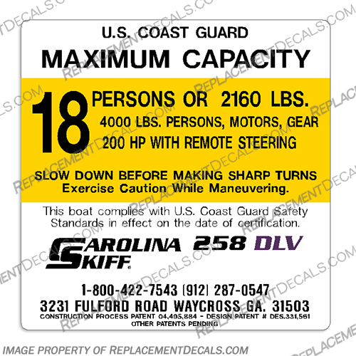 Carolina Skiff 258 DLV Decal - 18 Person carolina, skiff, boats, 1780, dlv, 18, person, boat, capacity, decal, sticker,
