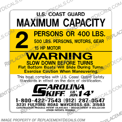 Carolina Skiff 14 ft Lil Jon Capacity Decal - 2 Person carolina, skiff, boats, person, boat, capacity, decal, sticker, 14, ft, lil, jon, 2 person, two, 2,