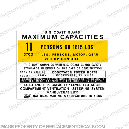 Edgewater 225 EX  Capacity Decal 11 Person capacity, plate, sticker, decal, regulation, coast, guard, 225ex, INCR10Aug2021