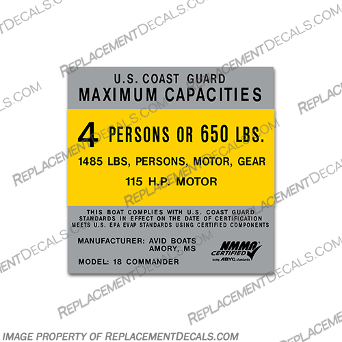Capacity Decal for Avid 18 Commander 4 Person Boats Capacity, Decal, for, Avid, 18, commander, 4, person, people, persons, boat, boats,