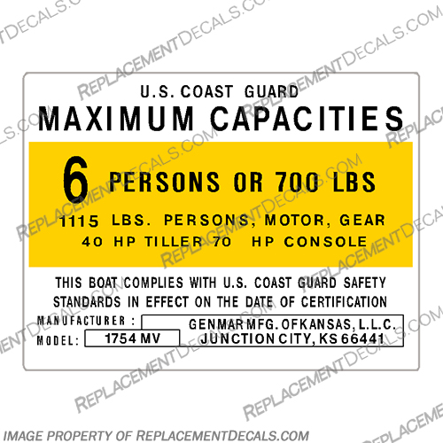Genmar 1754 Boat Capacity Decal - 6 Person capacity, plate, sticker, decal, Genmar, 1754, boat, 6, six, Person, capacity, plate, console, decal, sticker