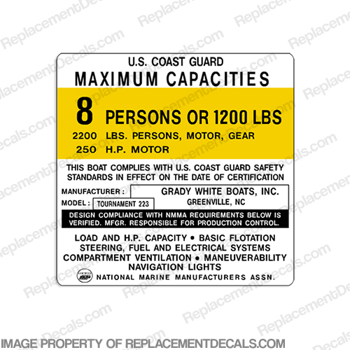 Grady White Tournament 223 Capacity Decal - 8 Person capacity, plate, sticker, decal, INCR10Aug2021