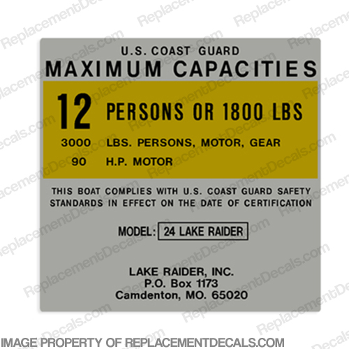 Lake Raider 24 12 Person Boat Capacity Plate Decal INCR10Aug2021