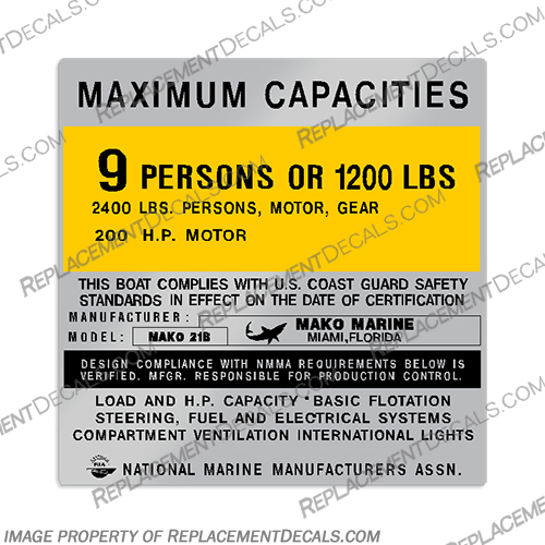 Mako 21B Capacity Decal capacity, plate, sticker, decal, Mako, 21, 21b, 9, 9 person, 9 people, person, people,