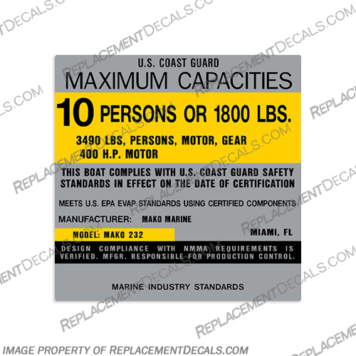 Mako Marine 232 Capacity Plate Decal - 10 Person mako, marine, 232, capacity, plate, sticker, decal, regulation, coast, guard,