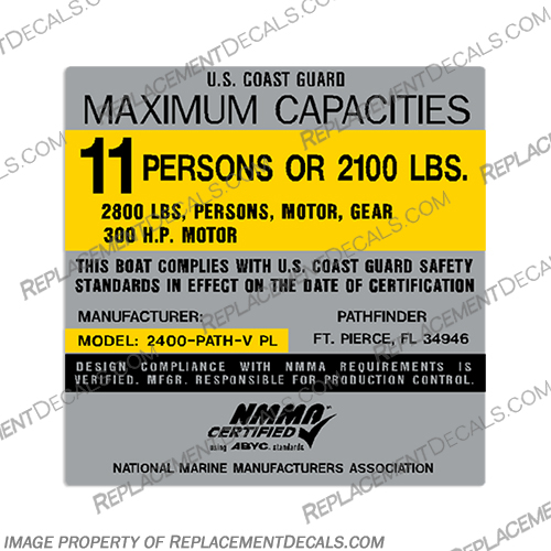 Boat Capacity Plate Decal - Pathfinder 2400 - 11 Person Capacity, plate, boat, decal, decals, path, finder, pathfinder, 2400, 11, person, people,