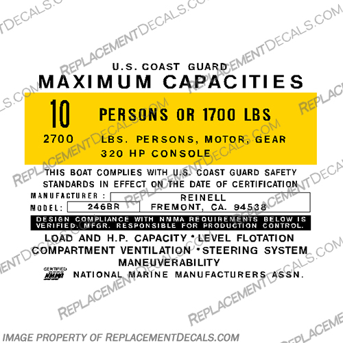 Reinell 246BR 10 Person Boat Capacity Plate Decal capacity, plate, sticker, decal, person, reinell, 10, 256, br, 246br, 