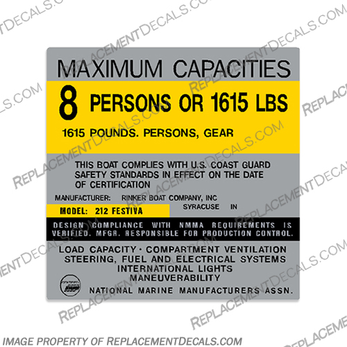 Rinker 212 Festiva Boat Capacity Decal - 8 person Rinker, 212, Festiva, Boat, Capacity, Decal, Decals, 8, Eight, Person, people,