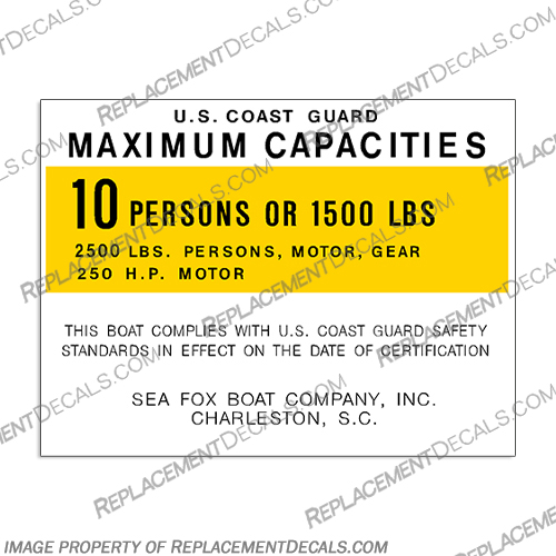 Sea Fox Boat Capacity Decal - 10 Person capacity, plate, sticker, decal, Sea, fox, boat, 10, person, people, persons,